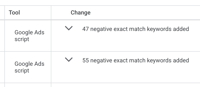 image of google ads platform change history showing negatives added